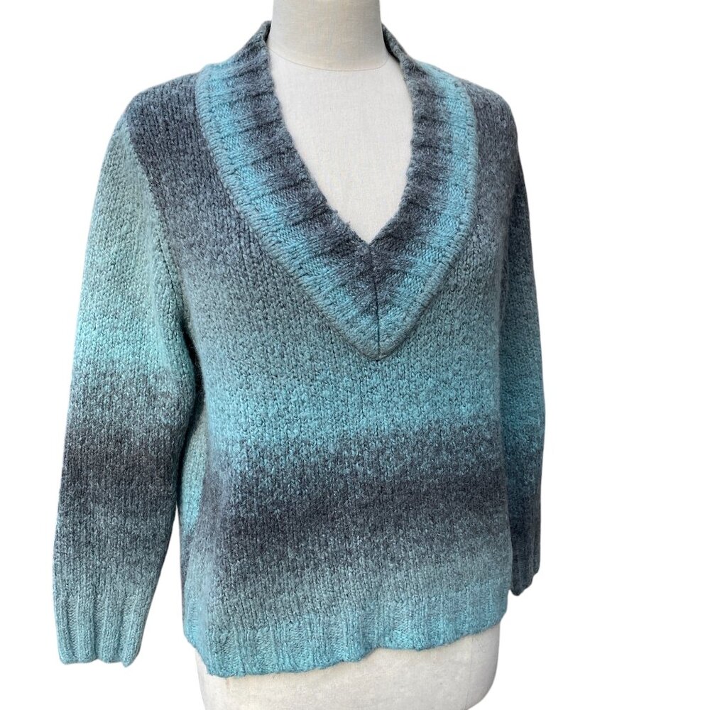 Woolrich Wool Blend Ombre Sweater Blue Gray Chunky Striped Ski Bum Cabin Cozy-L